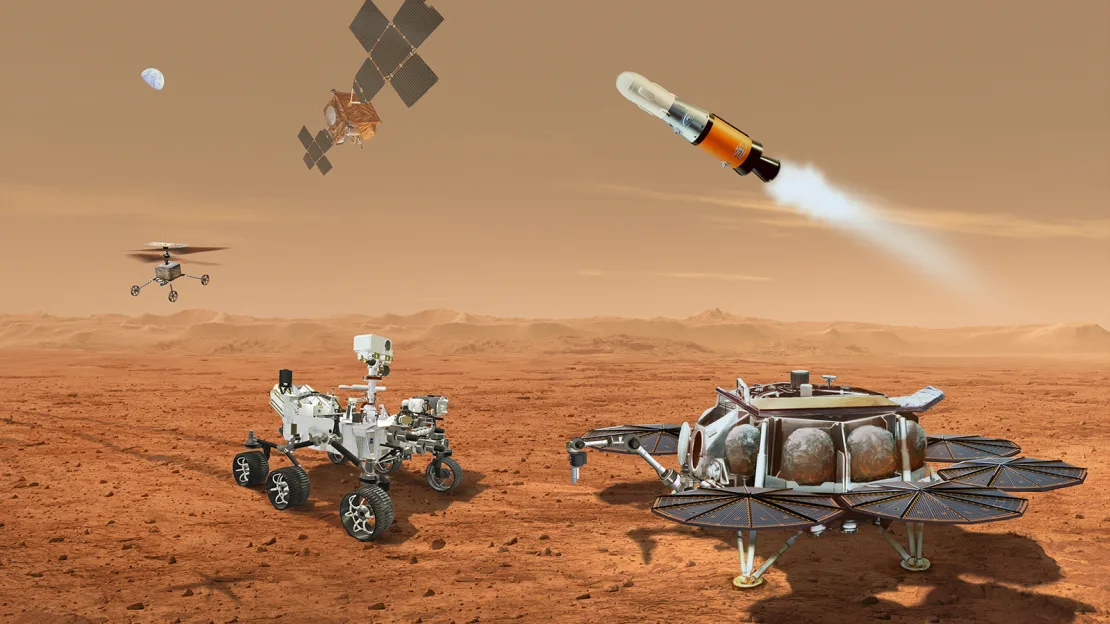 An early Mars Sample Return concept illustration features multiple robots working together to transport samples from Mars to Earth. NASA/JPL-Caltech