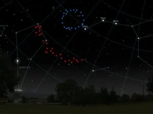 Sky view with one dotted blue circle towards the top center and a dotted red art to the middle left.