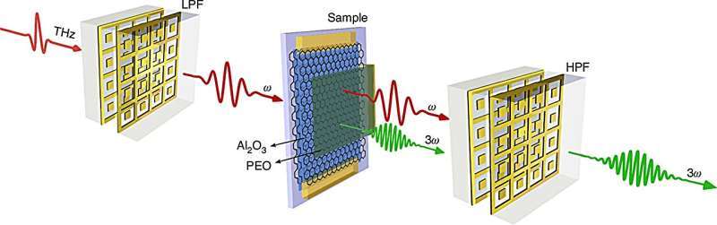 Visual representation of electronic device types, highlighting a graphene-based sample with LPF and HPF metasurfaces for clarity (setup for THZ waves frequency conversion). Credit: Light: Science & Applications